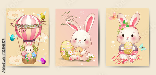 Set of Happy Easter greeting cards with cute bunnies and other festive elements.