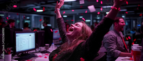 A joyful celebration in an office with colorful confetti, highlighting a moment of excitement and camaraderie among coworkers.