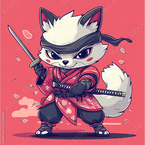 A cartoon cat is holding a sword and wearing a red and black outfit