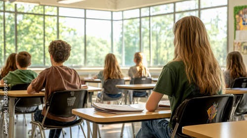 A classroom scene with students sitting at desks, facing forward, bathed in natural light from large windows.