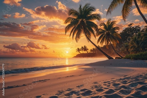 Tropical Sunset Over Serene Sandy Beach with Palm Trees and Golden Horizon