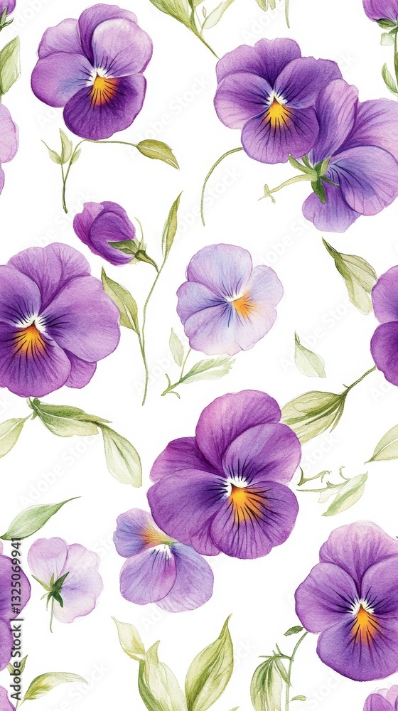 Whimsical Hand Drawn Watercolour Pansy Flowers Pattern On White Background For Childrens Books Whimsical Hand Drawn Watercolour Pansy Flowers Pattern On White Background For Childrens Books