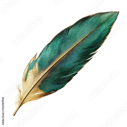 Single feather isolated on a white background with a mix of black, blue, and red tones, representing a bird's plume in a natural and antique style