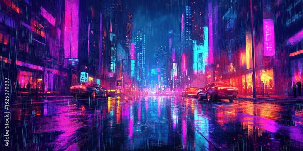 A neon lit cityscape with reflective water and rain