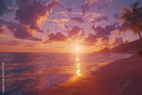 Sunset Over the Ocean with Palm Trees and Footprints on Sand