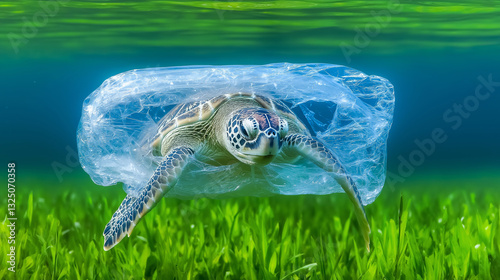 Sea turtle swimming underwater trapped in a plastic bag over Posidonia oceanica, highlighting the devastating effects of plastic pollution on marine life photo