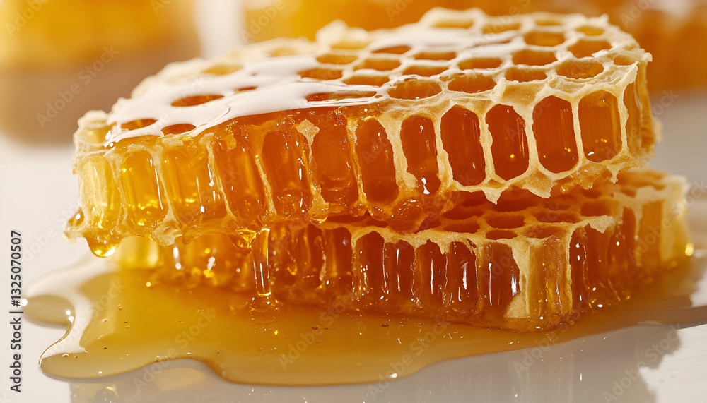 Honeycombs and sweet sticky honey puddle isolated on white background Honeycombs and sweet sticky honey puddle isolated on white background
