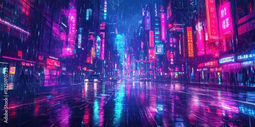 Illuminated city street reflecting bright lights during a heavy rain shower