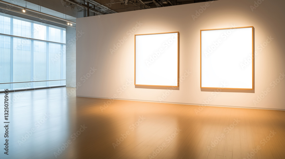 Modern art gallery interior featuring backlit blank frames, highlighting minimalist exhibition space for artistic display Modern art gallery interior featuring backlit blank frames, highlighting minimalist exhibition space for artistic display