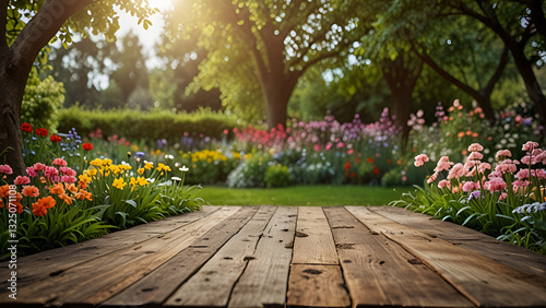 Soft focus old wooden floor with soft focus garden and flowers trees as background. Spring banner for text or product.