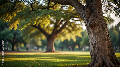 Soft focus on a large tree on a blurred background in a park, leaving some space.