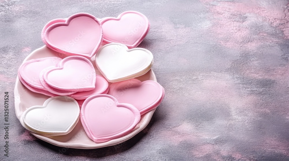 Pink and white heart-shaped cookies on a plate Pink and white heart-shaped cookies on a plate