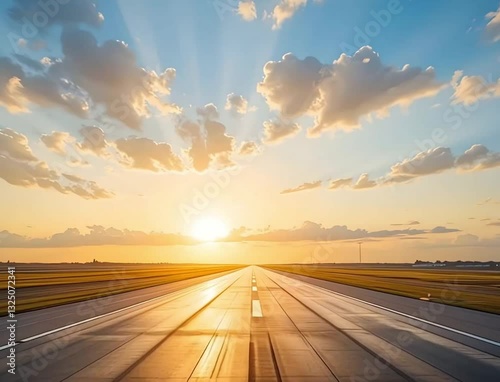 The airplane races down the runway towards the rising sun, view from the cockpit during takeoff. Sunlight, flight, speed, sky, beginning of a journey.