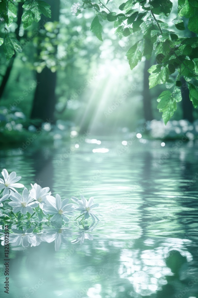 Naklejka premium Green theme Spring background with flowers leaves.