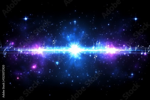 Harmonies of the cosmos: musical notes amidst a vibrant celestial nebula