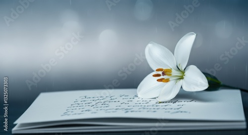 Obraz na płótnie White lily flower resting on handwritten letter with blurred bokeh background, symbolizing love, remembrance, and condolence w salonie