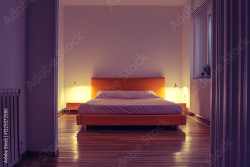 Interior of modern bedroom with wooden floor, orange double bed and lamp.