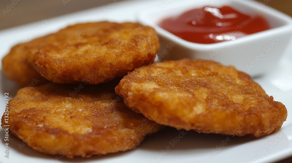 Crispy Hash Brown Patties Golden, crispy hash brown patties served with ketchup Crispy Hash Brown Patties Golden, crispy hash brown patties served with ketchup