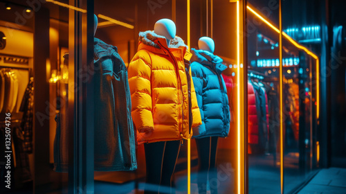 Brightly Lit Store Window Displaying Colorful Winter Jackets at Night