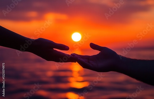 Hand to hand Sunset: Two hands reaching out in silhouette towards each other, set against a fiery sunset over a tranquil sea, creating a powerful image of connection, support, and hope.