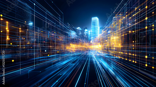 Dynamic Blue Illuminated City At Night With Streaks Of Light And Modern Buildings Technology Futuristic Metaverse Digital Art