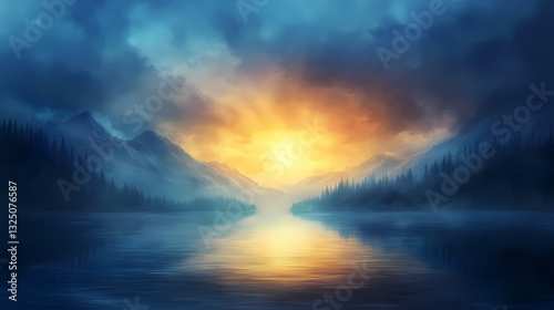 The last rays of sunlight dissolve into an ethereal haze, as if the lake itself were a portal to a mystical realm. mystic lake. illustration. Mystical Rays. Illustration