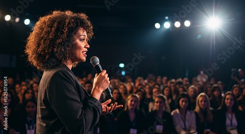 Confident woman speaking to a large audience.