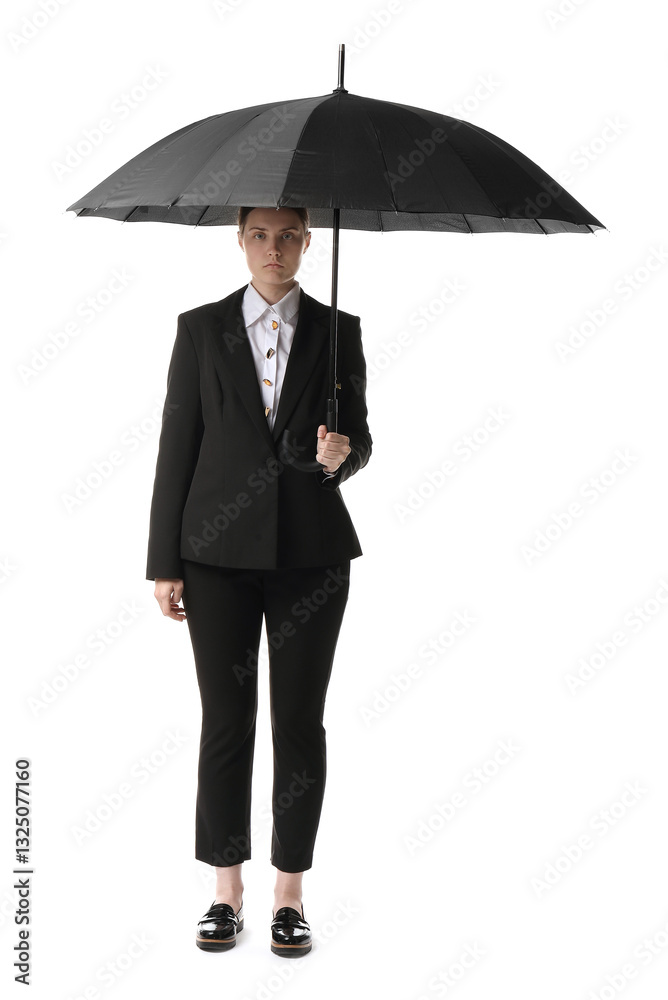 Young woman with black umbrella on white background Young woman with black umbrella on white background
