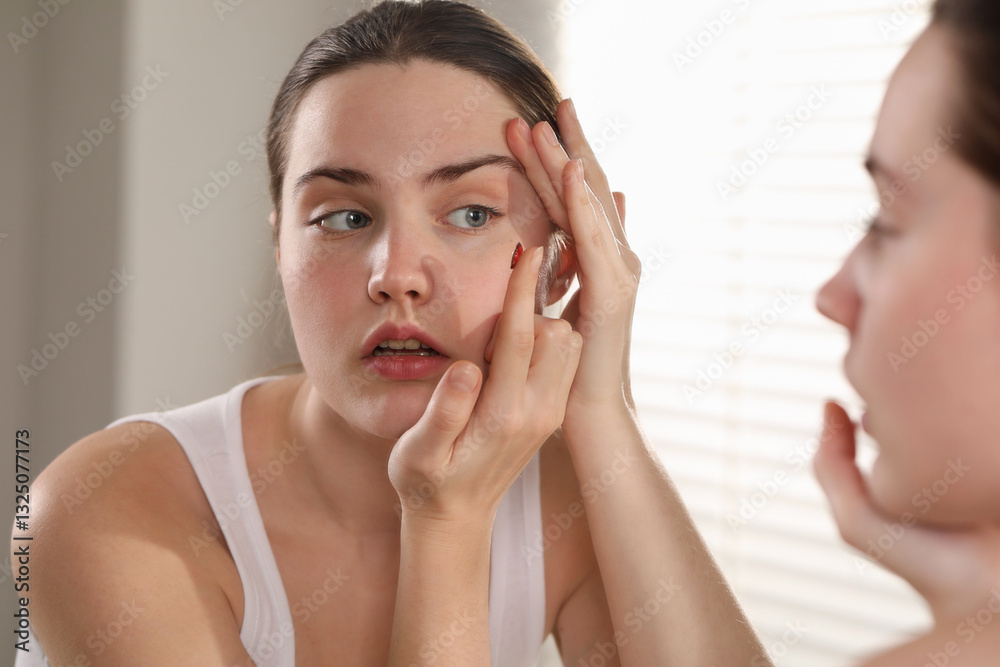 Young woman putting in red color contact lens near mirror indoors Young woman putting in red color contact lens near mirror indoors