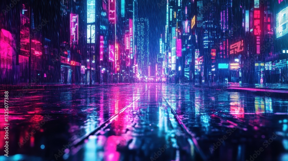 Fototapeta premium A cyberpunk style city street is illuminated by neon lights