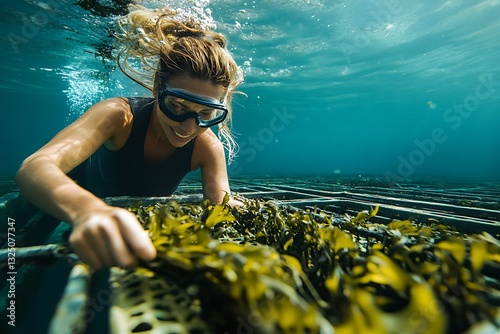 earth-friendly seaweed work gal gathering marine bounty in vivid subsea growth zones for a sustainable day  

