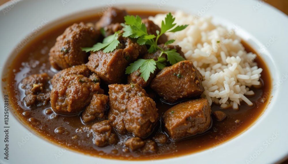 Delicious Beef Stew with Rice Garnished with Parsley on Plate Delicious Beef Stew with Rice Garnished with Parsley on Plate