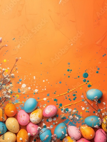 Easter themed orange colored background, with editable space in the middle, colorful easter eggs around the frame