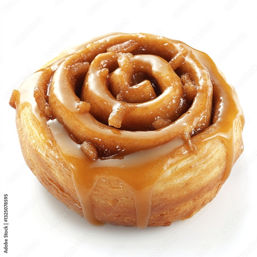 Fototapeta premium Sweet caramel apple swirl cinnamon roll, freshly baked and glistening.