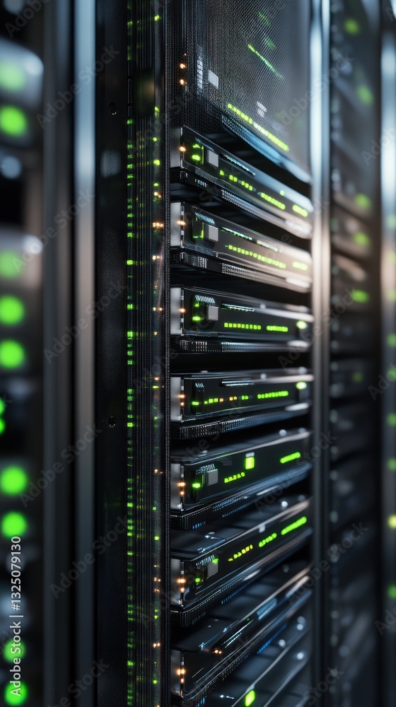 Close-up of illuminated server racks in a data center Close-up of illuminated server racks in a data center