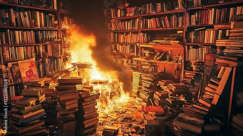 Inferno of knowledge: Books aflame in catastrophic library fire disaster scene