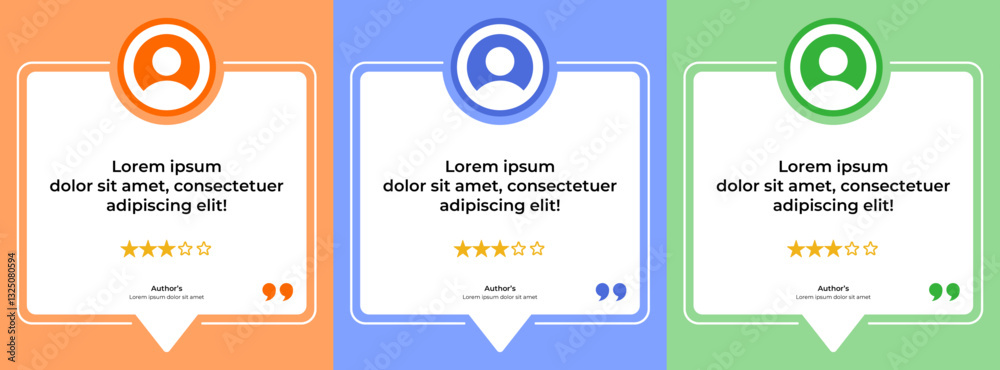 Three customer review cards with different colors. Three customer review cards with different colors.