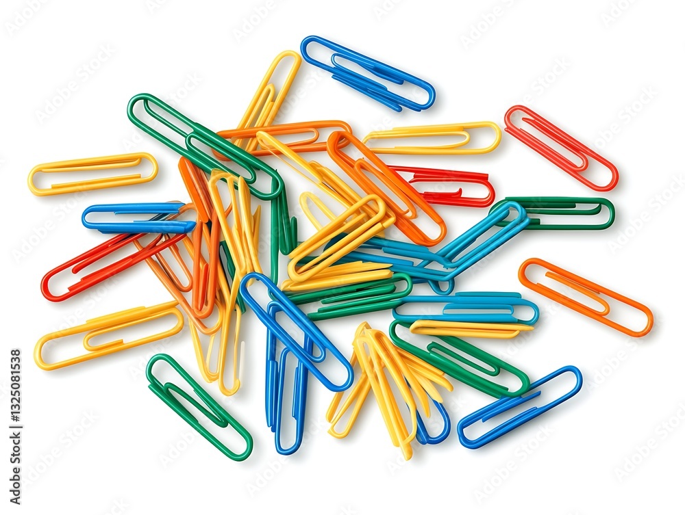 Colorful paper clips scattered on a white surface for office Colorful paper clips scattered on a white surface for office