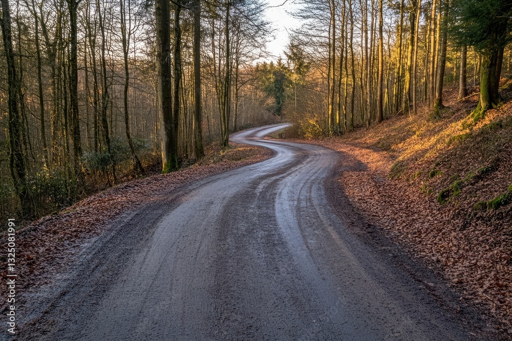 Winding dirt road through a winter forest. Sunlight filters through the trees Winding dirt road through a winter forest. Sunlight filters through the trees