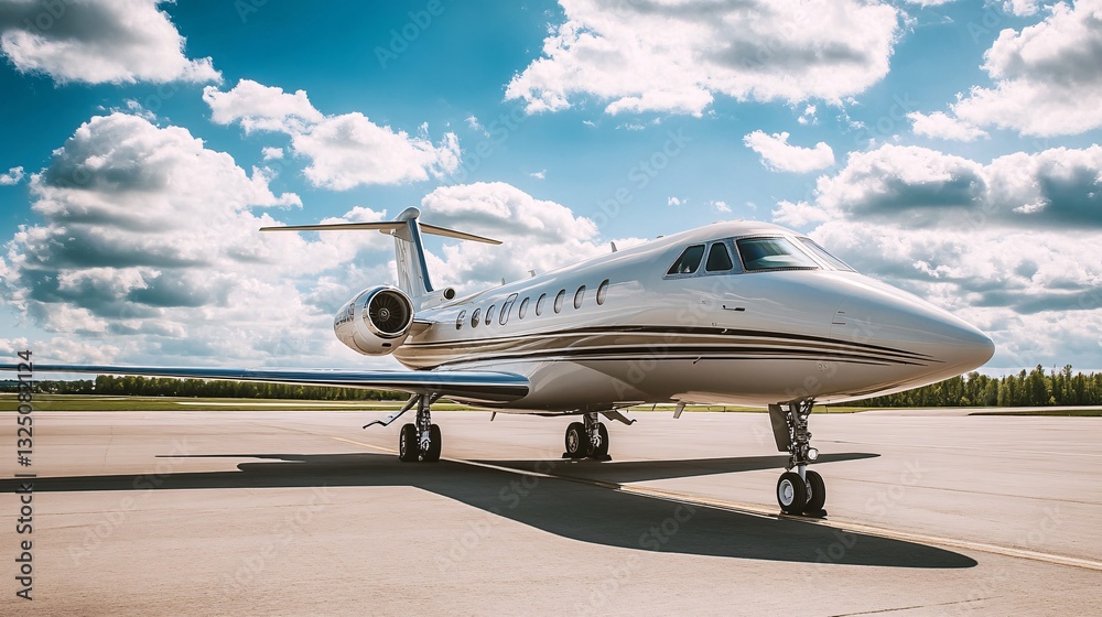 Private jet parked on the tarmac under a blue sky with fluffy white clouds. Private jet parked on the tarmac under a blue sky with fluffy white clouds.