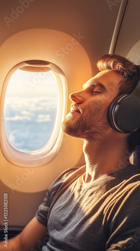 Young man wearing headphones sleeping on a plane