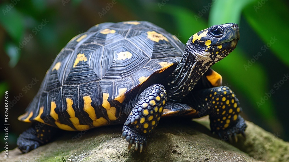 A beautiful speckled tortoise resting on a rock, showcasing its vibrant colors and unique pattern. A beautiful speckled tortoise resting on a rock, showcasing its vibrant colors and unique pattern.