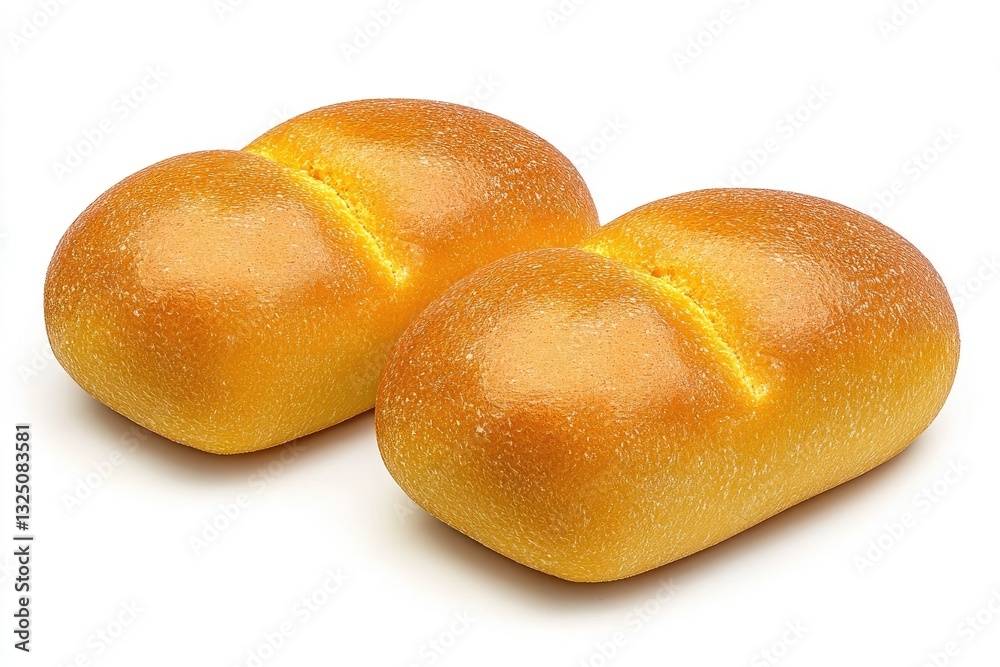 Two golden, oval-shaped rolls, slightly oblong, with a light golden-brown crust and a visible slit down the center, are showcased against a plain white background. The rolls appear fresh and soft Two golden, oval-shaped rolls, slightly oblong, with a light golden-brown crust and a visible slit down the center, are showcased against a plain white background. The rolls appear fresh and soft