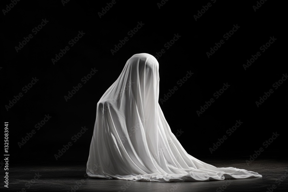 Mysterious silhouette under white fabric in dark room Mysterious silhouette under white fabric in dark room