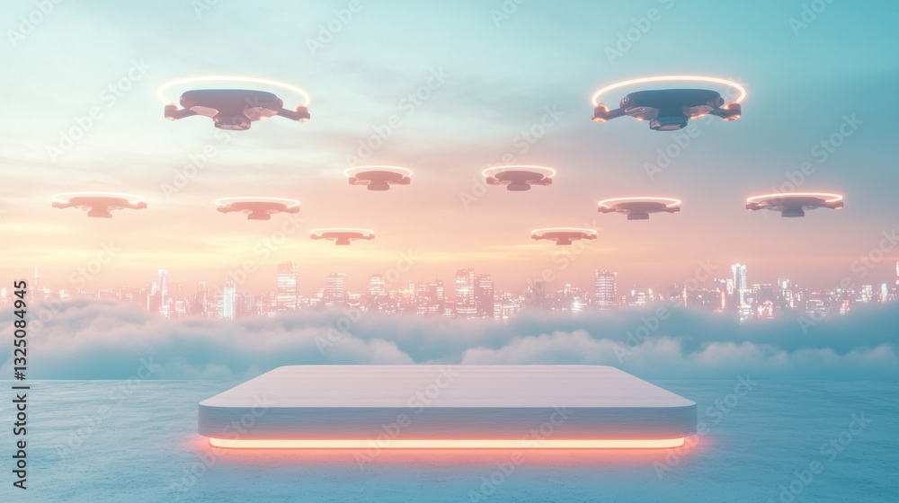 Fototapeta premium Futuristic drones above a cityscape at sunset.