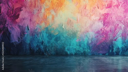 An abstract painting featuring textured colorful wall and floor