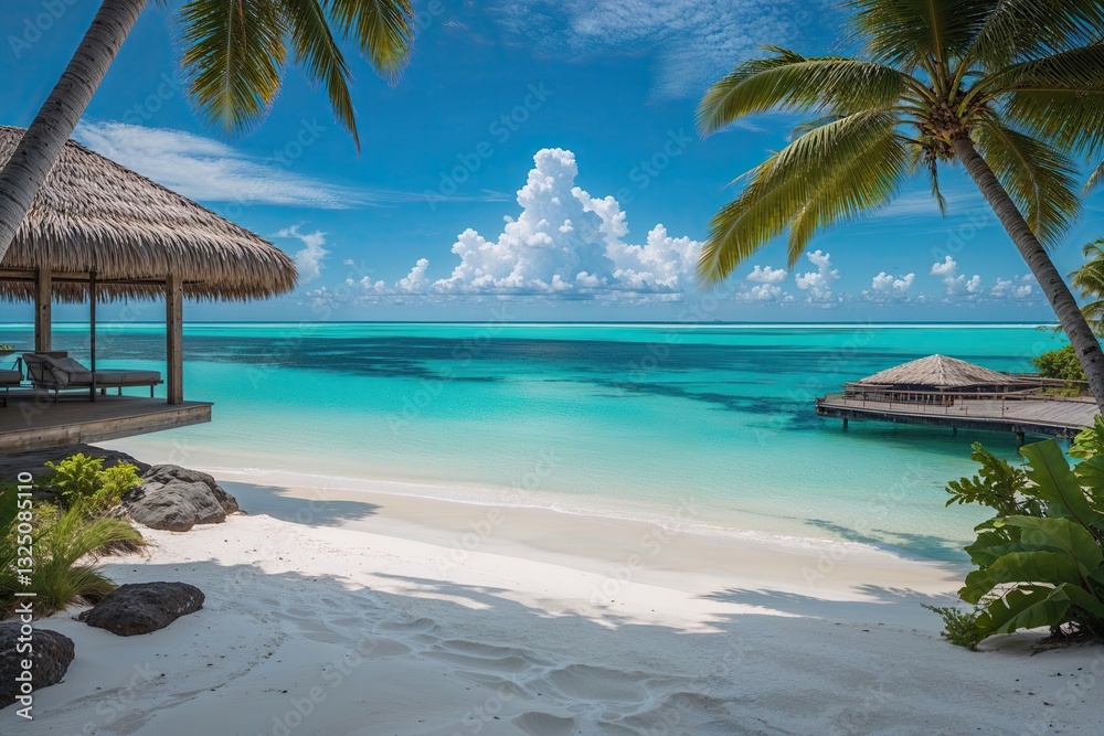 Naklejka premium Immaculate Tropical Paradise with Cerulean Ocean and White Sand Shore