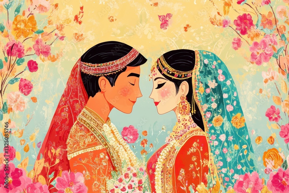 A beautiful couple in traditional attire face each other lovingly A beautiful couple in traditional attire face each other lovingly