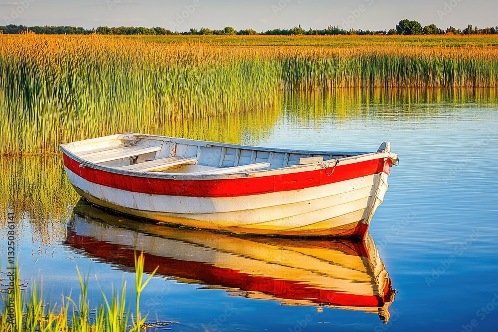 Tranquil lake scene with a small rowboat. Calm waters reflect a vibrant sky and surrounding reeds Tranquil lake scene with a small rowboat. Calm waters reflect a vibrant sky and surrounding reeds