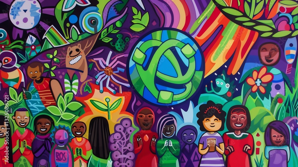 Obraz premium Artful digital painting depicting Earth Day celebration with bold colors abstract eco symbols diverse community figures and a harmonious blend of natural elements that evoke sustainability and unity